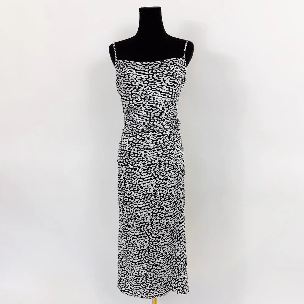90S STYLE SATIN SLIP DRESS DRAPED COWL NECK BLACK AND WHITE LEOPARD PRINT - Picture 1 of 8